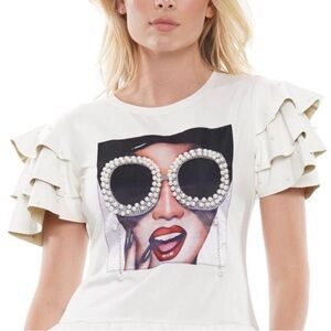 W.H.Y Graphic Tee with Ruffled‎ pleather Sleeves NWT